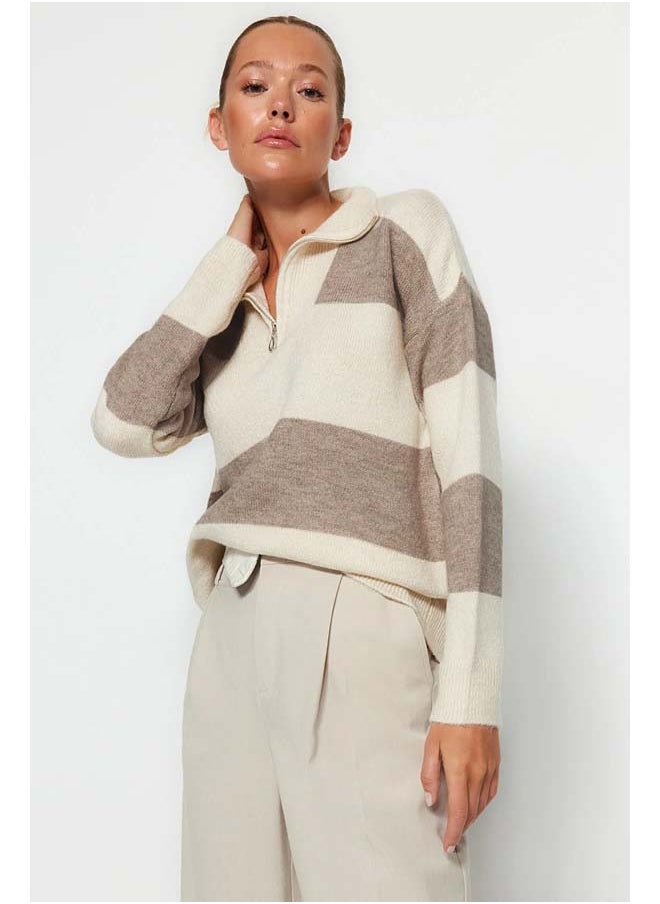 trendyol - Beige Wide Pattern Soft Texture Zippered Knitwear Sweater TWOAW22KZ0424 - Image 1