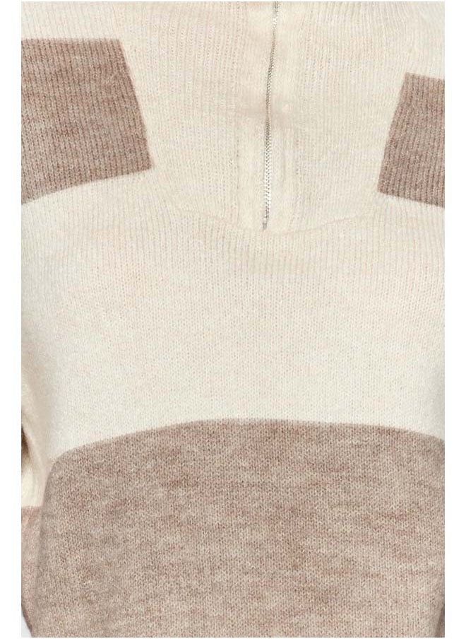 trendyol - Beige Wide Pattern Soft Texture Zippered Knitwear Sweater TWOAW22KZ0424 - Image 1