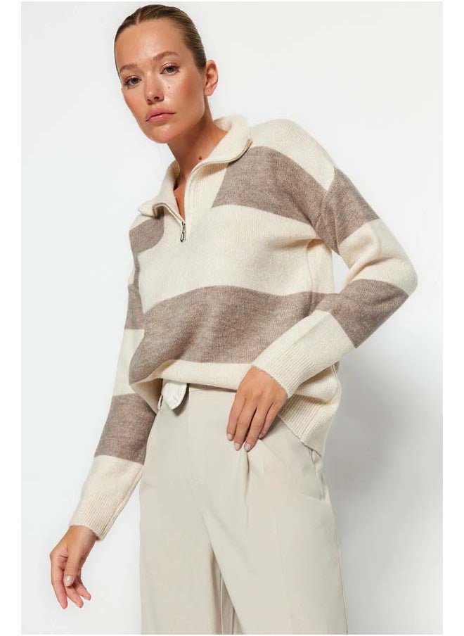 trendyol - Beige Wide Pattern Soft Texture Zippered Knitwear Sweater TWOAW22KZ0424 - Image 1