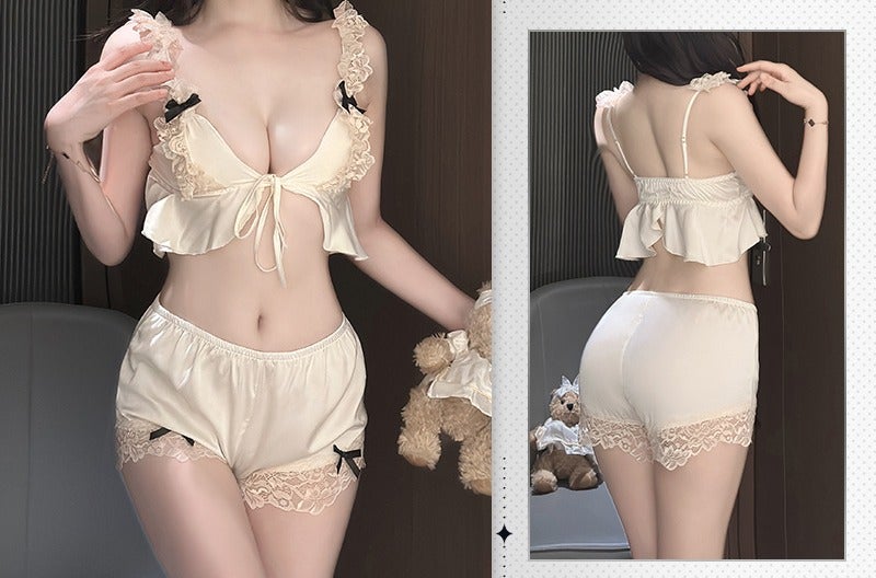 Women's Ice Silk Pajama Set, Camisole and Shorts Two-Piece Sleepwear, Lace Detail Comfortable Homewear