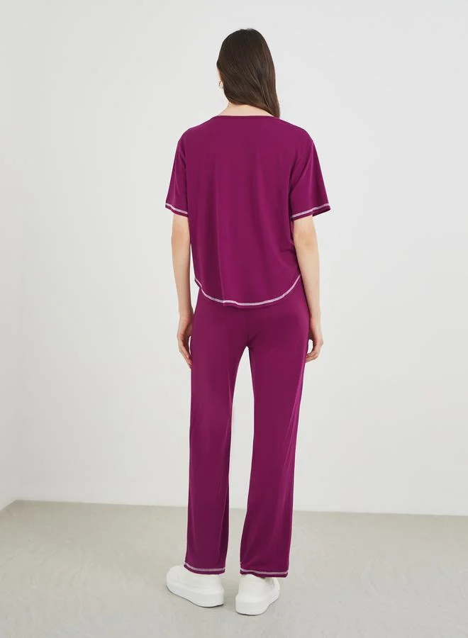 Take Two Take Two Women Overlock Seam T-Shirt and Pants Co-Ords