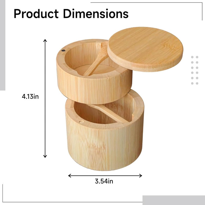 Wood Salt and Pepper Cellar with Spoon, Round Dual-Layer Spice Container, Natural Wood for Kitchen Countertop Organization - Image 4