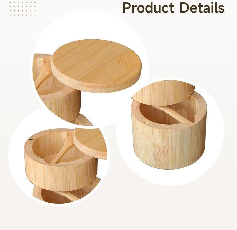 Wood Salt and Pepper Cellar with Spoon, Round Dual-Layer Spice Container, Natural Wood for Kitchen Countertop Organization - Image 2