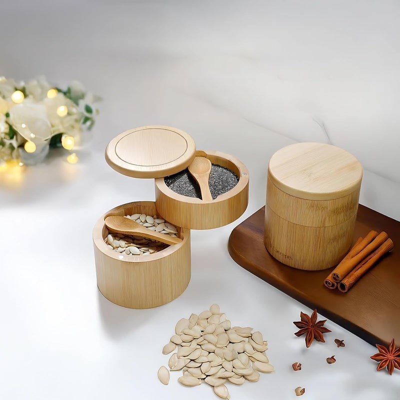 Wood Salt and Pepper Cellar with Spoon, Round Dual-Layer Spice Container, Natural Wood for Kitchen Countertop Organization - Image 3