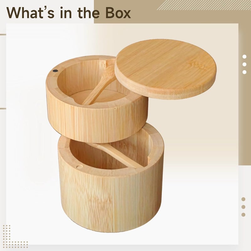 Wood Salt and Pepper Cellar with Spoon, Round Dual-Layer Spice Container, Natural Wood for Kitchen Countertop Organization - Image 5