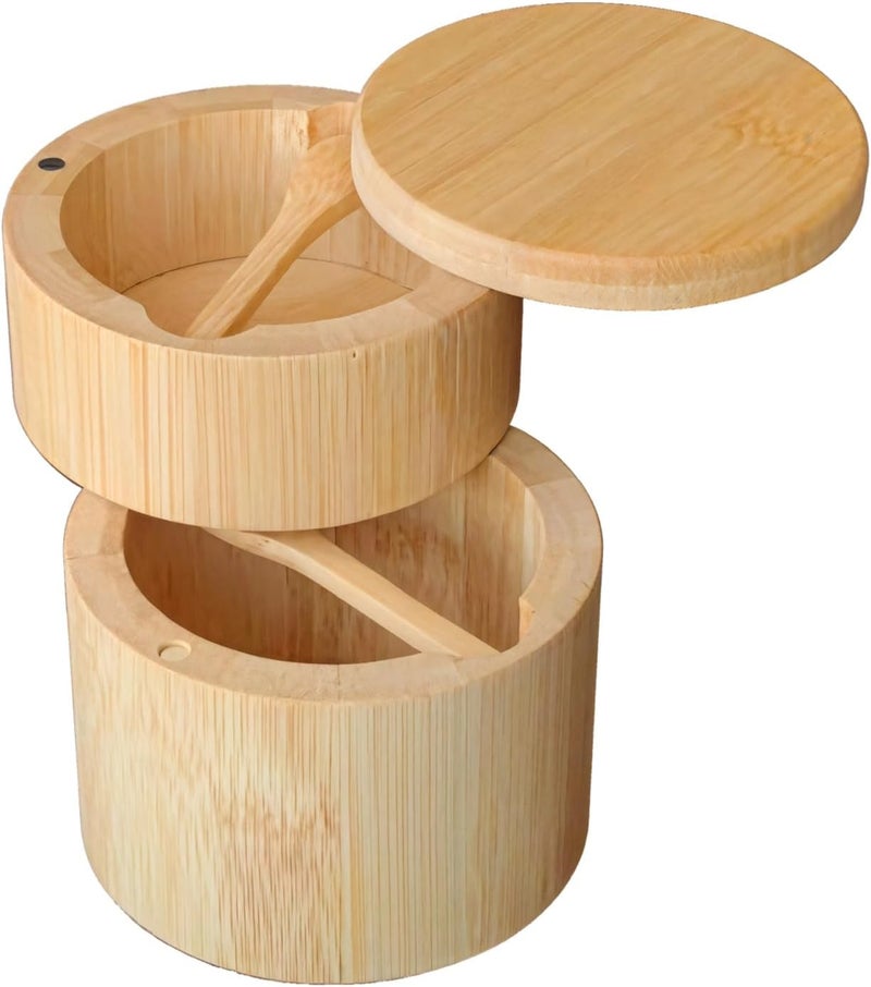 Wood Salt and Pepper Cellar with Spoon, Round Dual-Layer Spice Container, Natural Wood for Kitchen Countertop Organization - Image 1