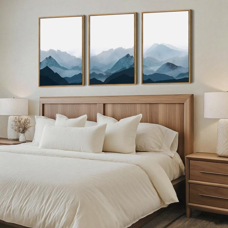 BINCUE Framed Blue Mountain Wall Decor Fog Blue Ridge Mountains Wall Art for Living Room Bedroom Office 16x24 Inches Set of 3 - Image 2