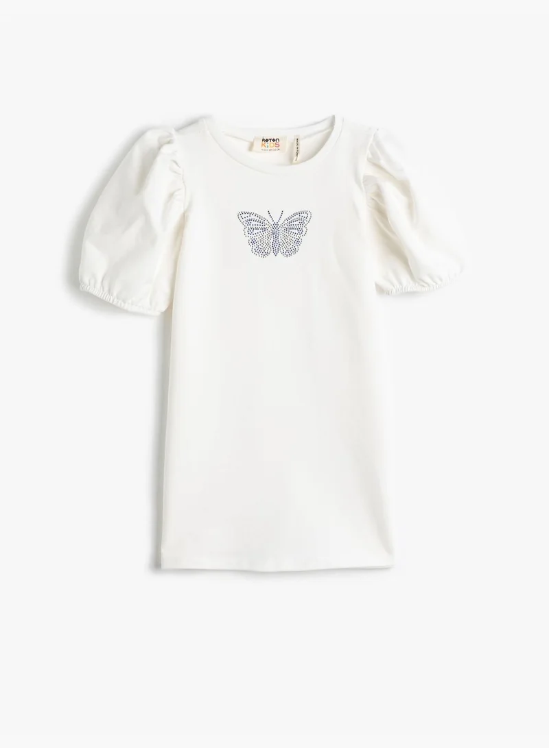 KOTON Mini Dress Short Puff Sleeve Round Collar Butterfly Printed Detail