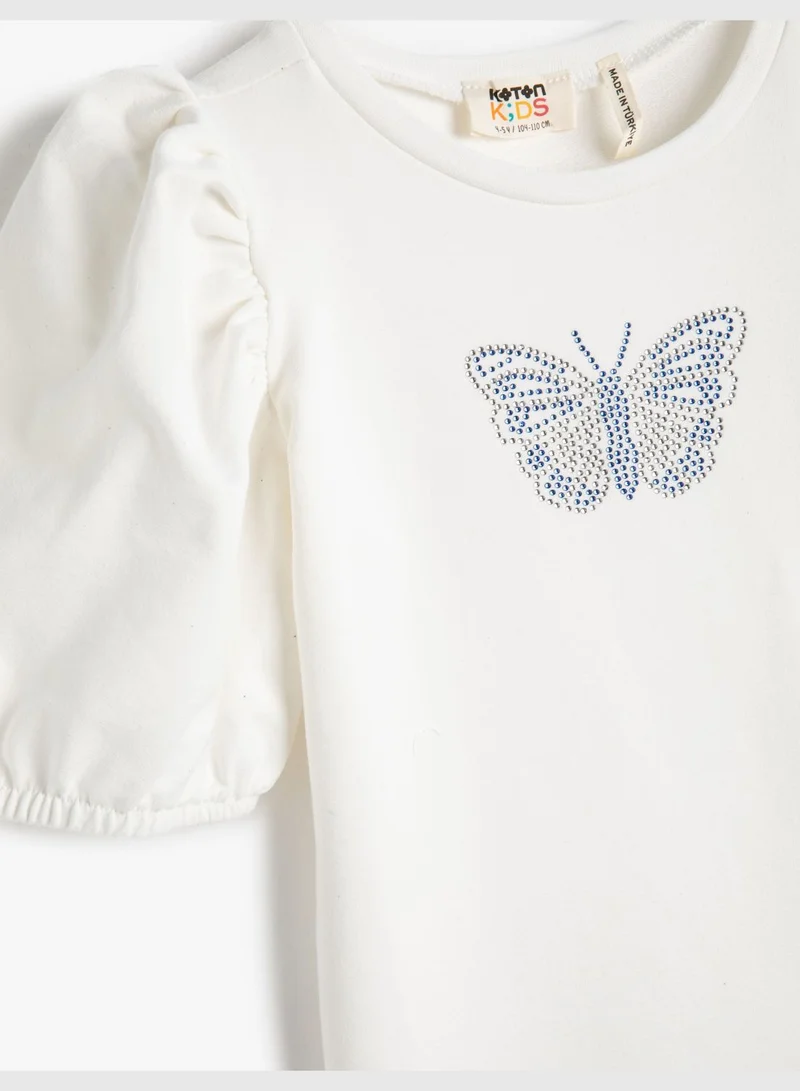 KOTON Mini Dress Short Puff Sleeve Round Collar Butterfly Printed Detail