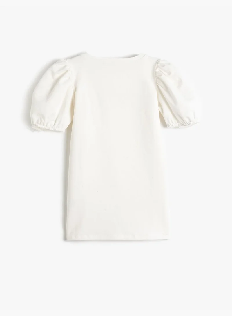 KOTON Mini Dress Short Puff Sleeve Round Collar Butterfly Printed Detail