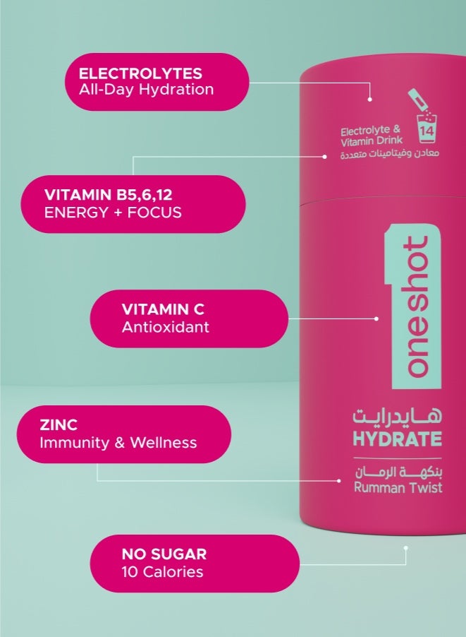 Oneshot Rumman Twist, Daily Hydration, Sugar Free Electrolyte Powder Drink Mix with Vitamins and Zinc, No Aftertaste, Pomegranate Flavor, 14 Sachets - Image 4