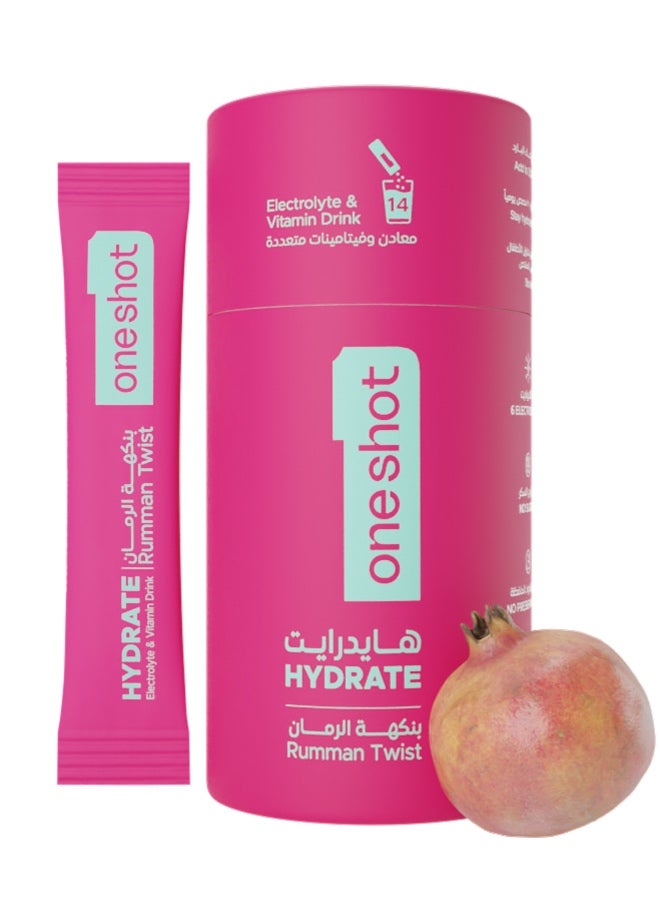 Rumman Twist, Daily Hydration, Sugar Free Electrolyte Powder Drink Mix with Vitamins and Zinc, No Aftertaste, Pomegranate Flavor, 14 Sachets