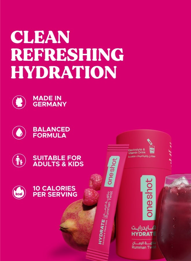Oneshot Rumman Twist, Daily Hydration, Sugar Free Electrolyte Powder Drink Mix with Vitamins and Zinc, No Aftertaste, Pomegranate Flavor, 14 Sachets - Image 2