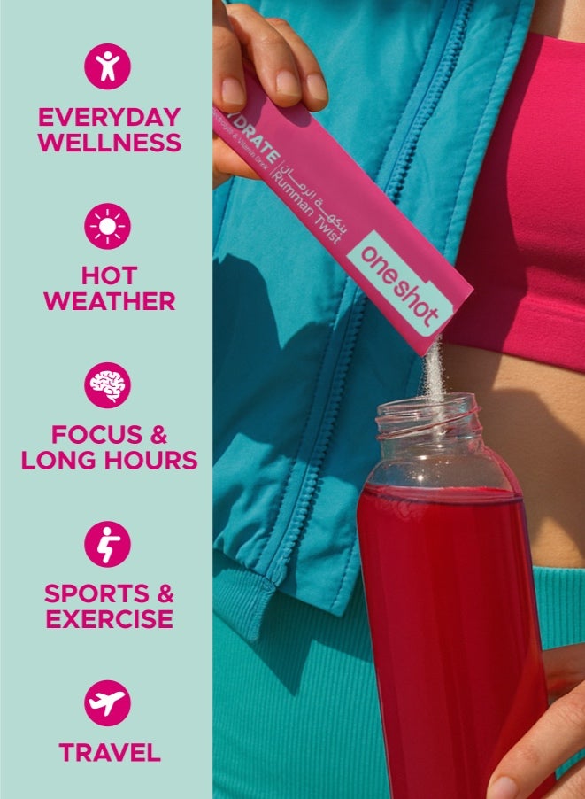 Oneshot Rumman Twist, Daily Hydration, Sugar Free Electrolyte Powder Drink Mix with Vitamins and Zinc, No Aftertaste, Pomegranate Flavor, 14 Sachets - Image 3