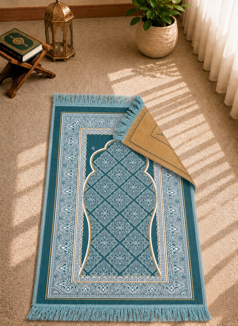 سجادة صلاة (سجادة) - مريحة على الركبة، سجادة صلاة صغيرة قابلة للطي للسفر والمكتب، تصميم محراب انيق اسود وفضي مع شراشيب (اخضر فاتح) - Image 3