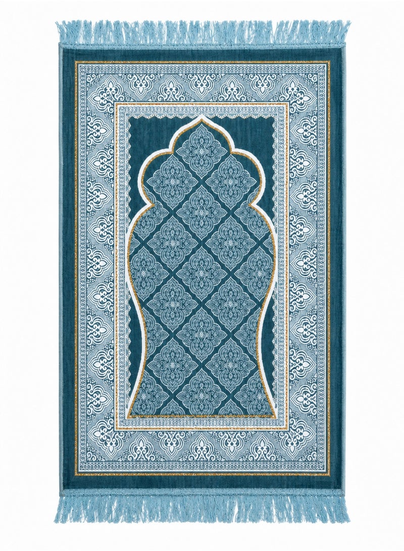 سجادة صلاة (سجادة) - مريحة على الركبة، سجادة صلاة صغيرة قابلة للطي للسفر والمكتب، تصميم محراب انيق اسود وفضي مع شراشيب (اخضر فاتح) - Image 4