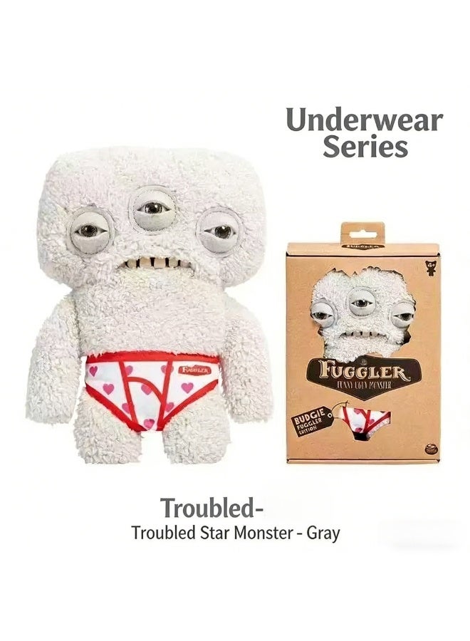 Fuggler Troubled Star Monster Plush - 9" Gray Underwear Series Collectible Stuffed Toy with Three Eyes & Heart Print Briefs - Image 1