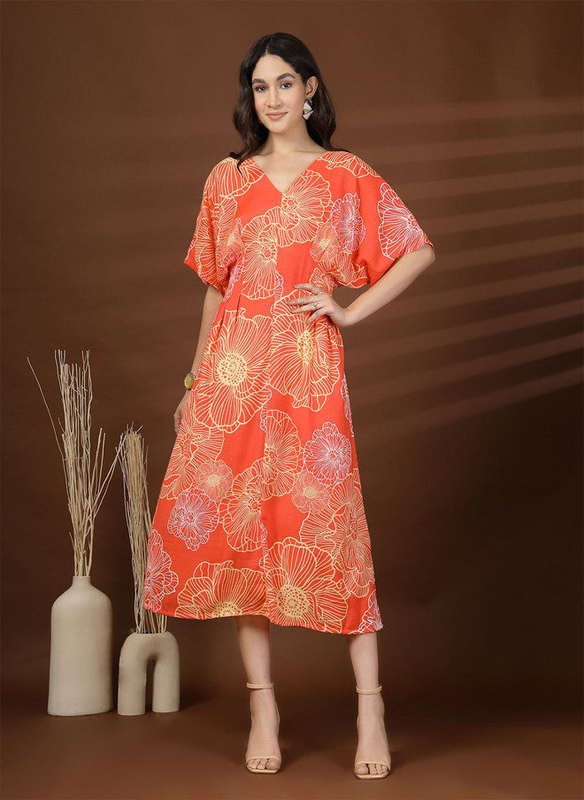 PlusS Floral Print Kimono Sleeves Midi Dress for Women - Image 1