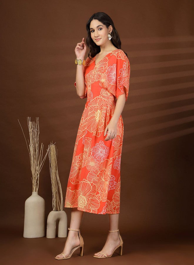 PlusS Floral Print Kimono Sleeves Midi Dress for Women - Image 4