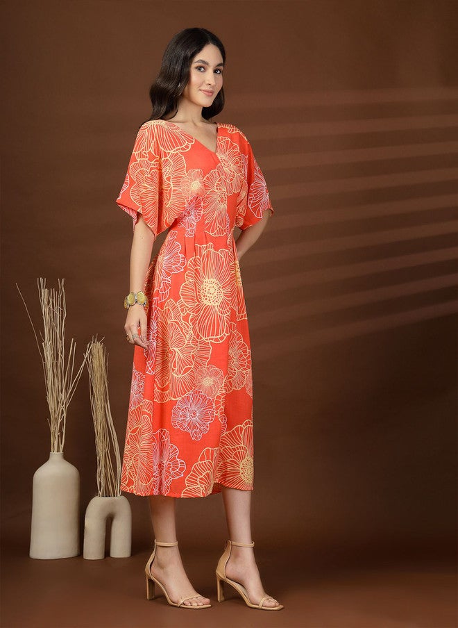 PlusS Floral Print Kimono Sleeves Midi Dress for Women - Image 3