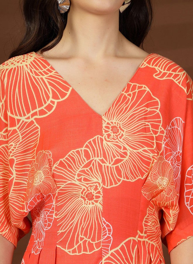 PlusS Floral Print Kimono Sleeves Midi Dress for Women - Image 2
