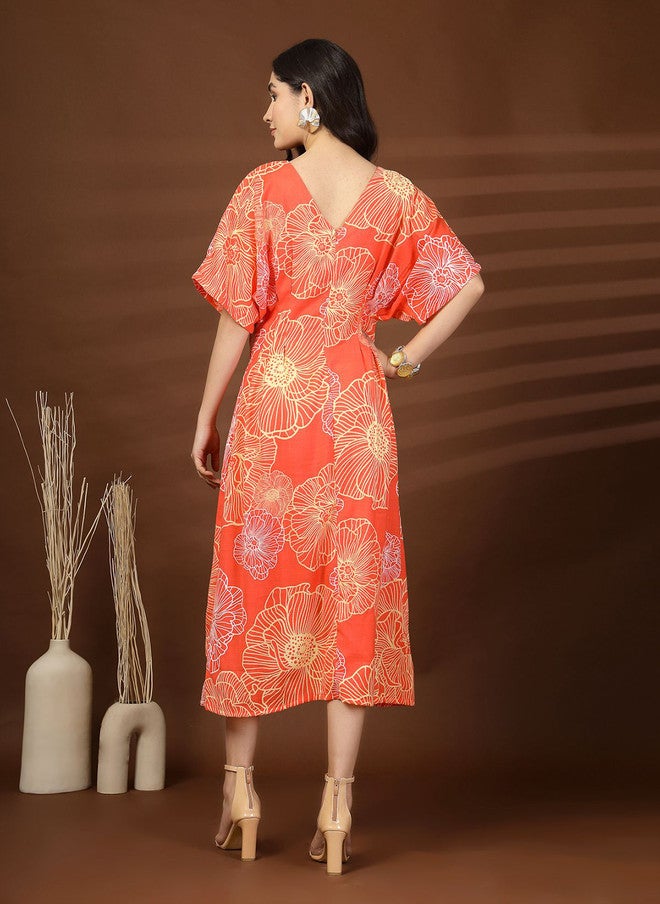 PlusS Floral Print Kimono Sleeves Midi Dress for Women - Image 5