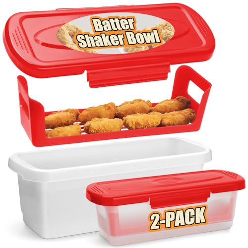 Flybok Batter Bowl with Lid, 2-Pack Fish Batter Shaker, Better Breader Shaker Bowl with Breading Shaker Tray, Batter Bowl with Lids Shaker for Frying Chicken Wings Fish Onion Rings Veggies - Image 1