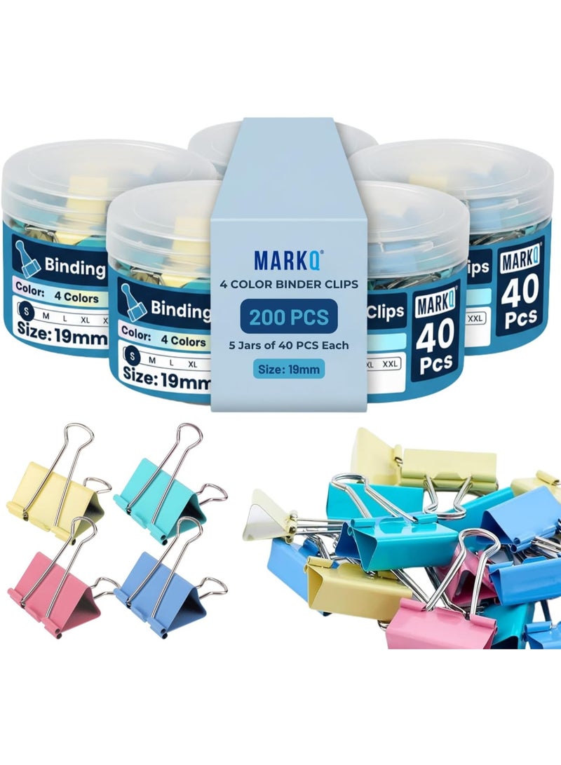 MARKQ مشابك ملفات ملونة عبوة كبيرة من 200 قطعة مشابك ورقية معدنية متينة | حوامل مستندات قوية وموثوقة للمكتب، المنزل، المدرسة، الفصل الدراسي، صغيرة 19 مم - عبوة من 200 - Image 1