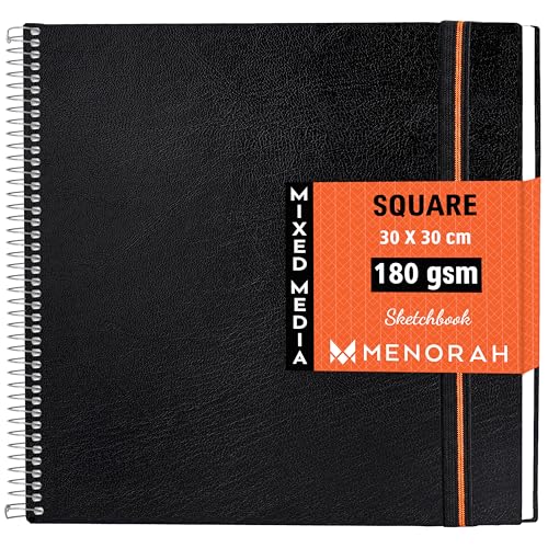 MENORAH - Square Spiral Sketch Book for Artist - 180 GSM - 100 Pages/50 Sheets - Square Sketchbook for Drawing, Painting, Acrylics, Gouache - Metal Spiral Bound -(15.0 x 15.0 cm) -(Acid Free) Black - Image 1