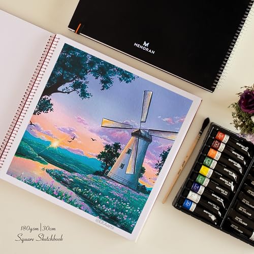 MENORAH - Square Spiral Sketch Book for Artist - 180 GSM - 100 Pages/50 Sheets - Square Sketchbook for Drawing, Painting, Acrylics, Gouache - Metal Spiral Bound -(15.0 x 15.0 cm) -(Acid Free) Black - Image 5