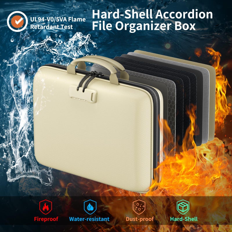 DocSafe Fireproof File Organizer with Lock, Hard-Shell Case Fireproof Document Box with 13 Pocket Accordion File Folder, Portable Home Office Travel Safe Storage for Important Documents Laptop Beige - Image 2
