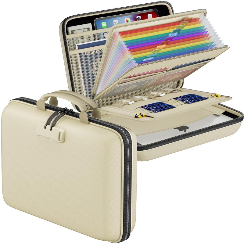 DocSafe Fireproof File Organizer with Lock, Hard-Shell Case Fireproof Document Box with 13 Pocket Accordion File Folder, Portable Home Office Travel Safe Storage for Important Documents Laptop Beige - Image 1