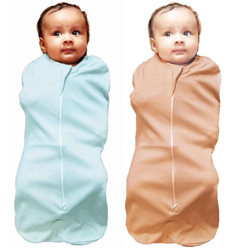 MammaChamp POD Zipper Swaddle Sleeping Bag Blankets Wrap Sack for Newborn Infant Baby 0-3 Months (Pack-of 2) (Biscuit + Light Blue) - Image 1