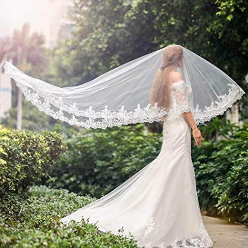 Aukmla Wedding Bridal Veils White Long Cathedral Chapel Length Veil with Lace and Metal Comb at the Edge (White) - Image 3