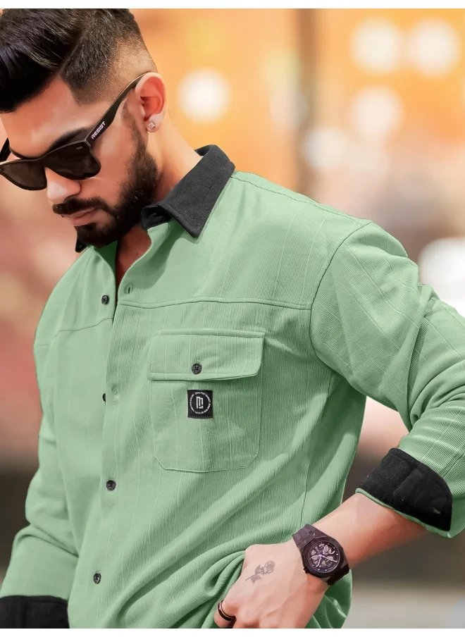 مانياك Maniac Men Solid Collared Neck Full Sleeve BerlyGreen Cotton Shirt