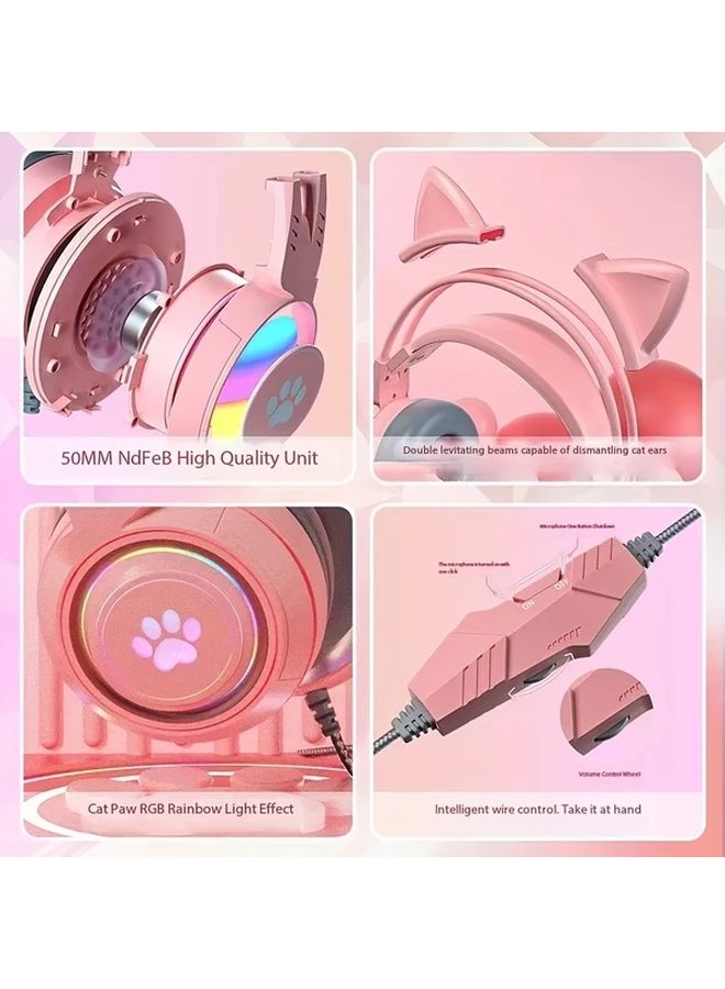 Pink Cat Ear RGB Gaming Headset with Microphone for PS5 PS4 Xbox PC Switch - Image 4