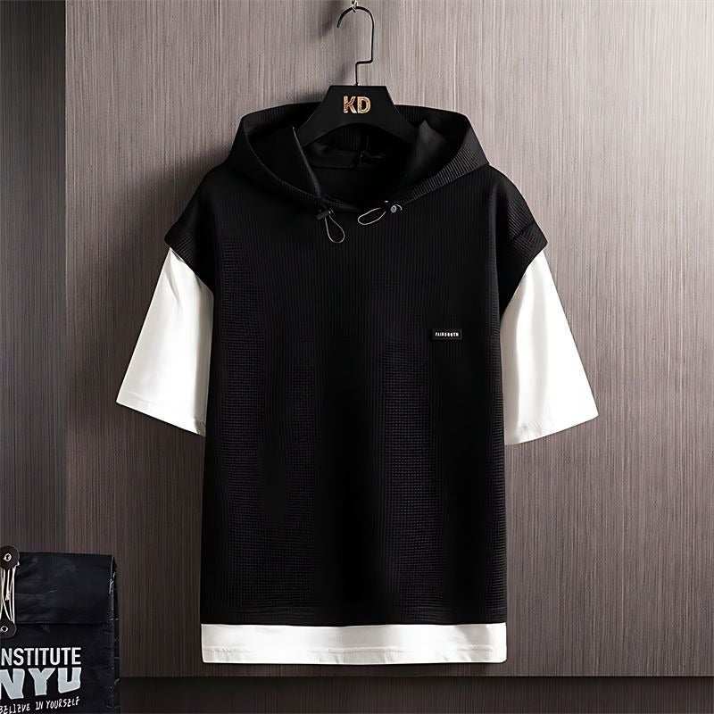 بدلة رياضية كاجوال للرجال من قطعتين بأكمام قصيرة بحجم زائد - تي شيرت بغطاء رأس وشورتات - مجموعة من قطعتين باللون الأسود - Image 4