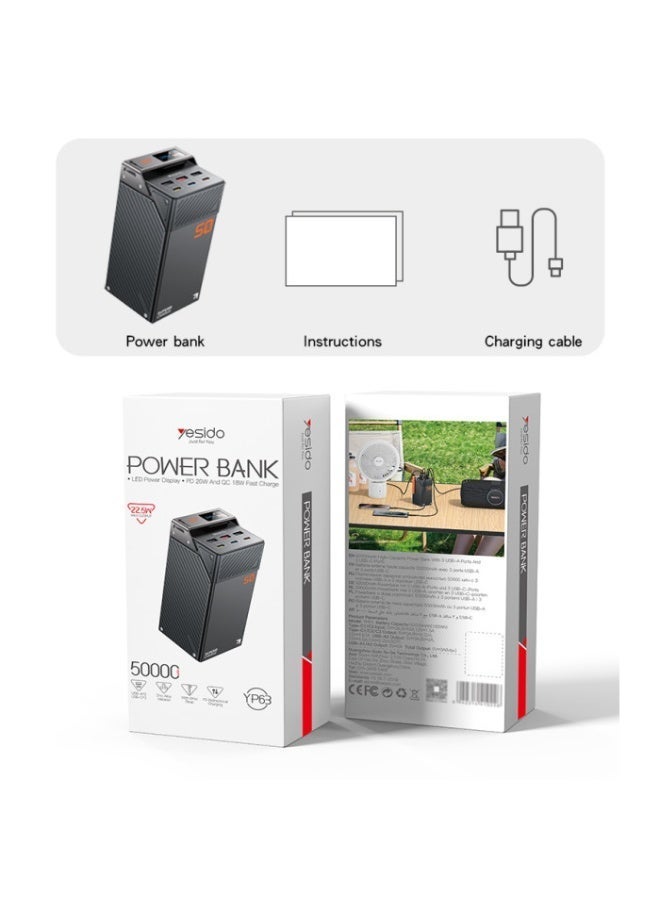 Yesido YP63 50000mAh PD 20W + SCP 22.5W Fast Charging Zinc Alloy LED Screen Display Six-port Power Bank - Image 1