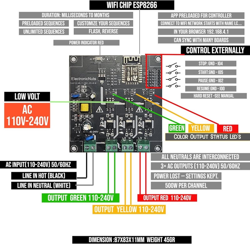 ElectronicNuts Wi-Fi 3 Channel Light Voltage ON/Off Controller/Sequencer/Chaser Noiseless Quite Controllable by WiFi / ESP8266, Compatible AC Voltage 100V-240V 50/60HZ Output Expandable. - Image 2