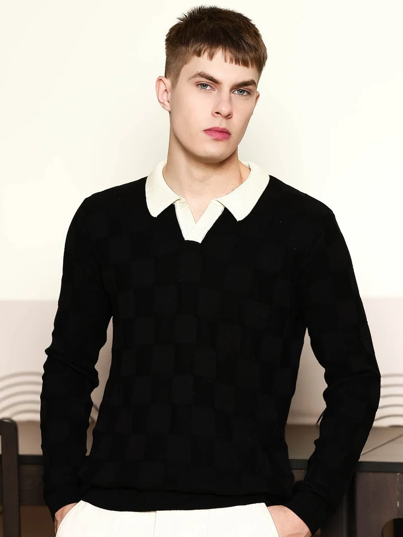 مانياك Maniac Mens Textured knit Half Zipper Full Sleeve Slim Fit Cream Cotton Polo T-shirt