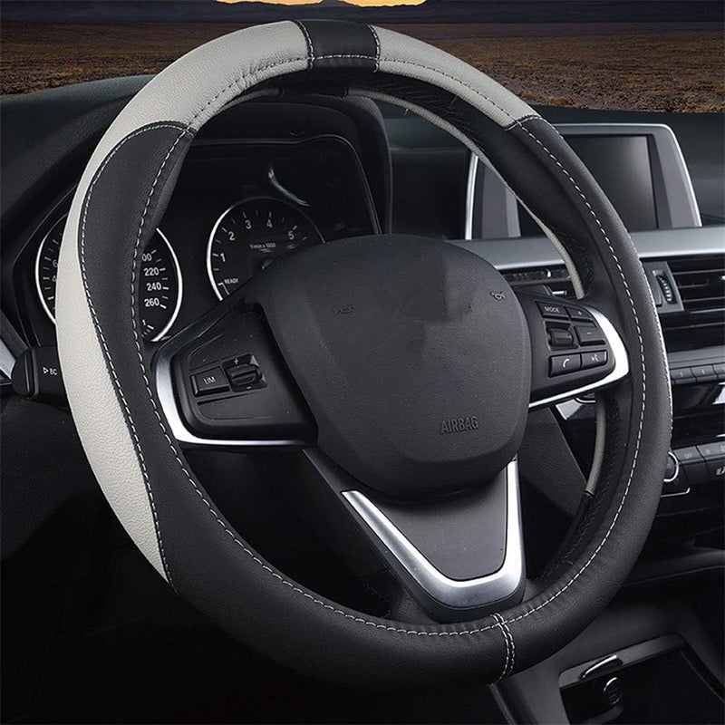 Coofig Durable PU Leather Steering Wheel Cover, Universal 15 Inch, Breathable and Non-Slip Car Steering Wheel Cover, Steering Wheel Cover for Men and Women (Black Grey) - Image 1