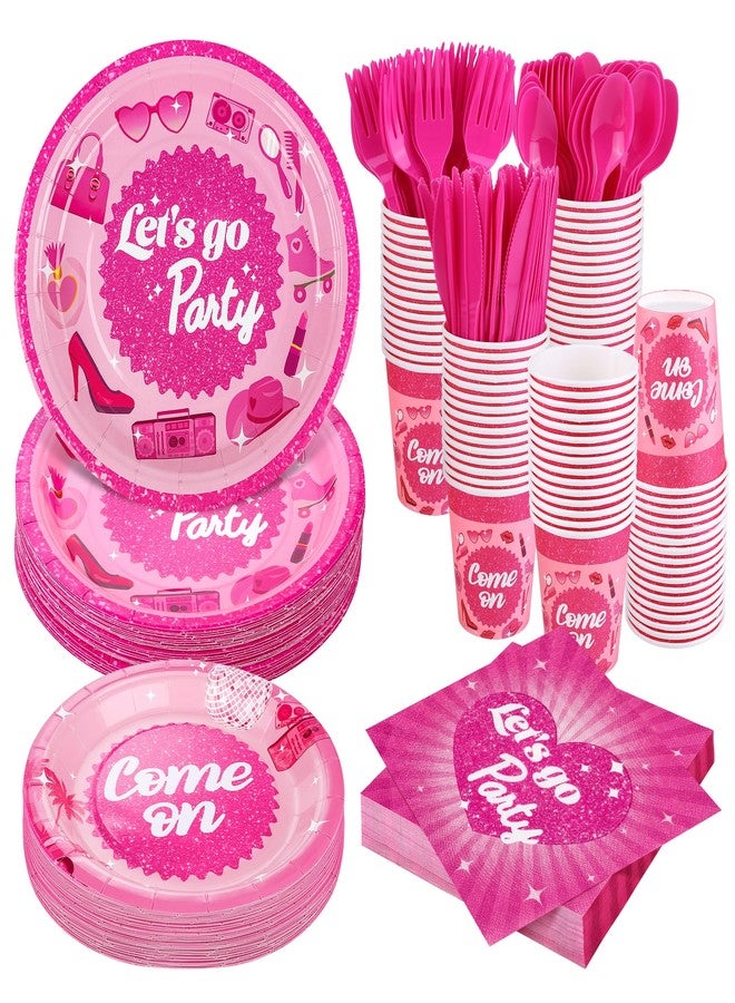 Kochorie 400 Pieces Let's Go Party Disposable Party Tableware Sets Including Plates Cups Napkins Cutlery Serves 50 for Birthday Disco Pink Girl Party Decorations - Image 1