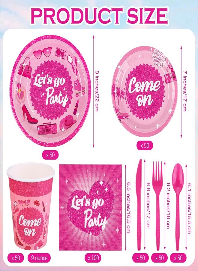 Kochorie 400 Pieces Let's Go Party Disposable Party Tableware Sets Including Plates Cups Napkins Cutlery Serves 50 for Birthday Disco Pink Girl Party Decorations - Image 2