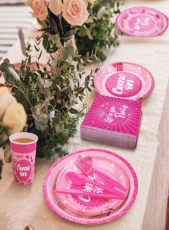 Kochorie 400 Pieces Let's Go Party Disposable Party Tableware Sets Including Plates Cups Napkins Cutlery Serves 50 for Birthday Disco Pink Girl Party Decorations - Image 5