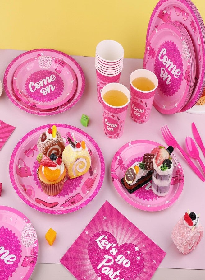 Kochorie 400 Pieces Let's Go Party Disposable Party Tableware Sets Including Plates Cups Napkins Cutlery Serves 50 for Birthday Disco Pink Girl Party Decorations - Image 3