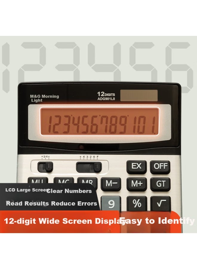 M&G Stationery Large Screen Metal Panel Wide-screen Calculator, Desktop Computer, Student/office Universal 12-digit Display Large Screen Calculator, Adg981l8 - Image 1