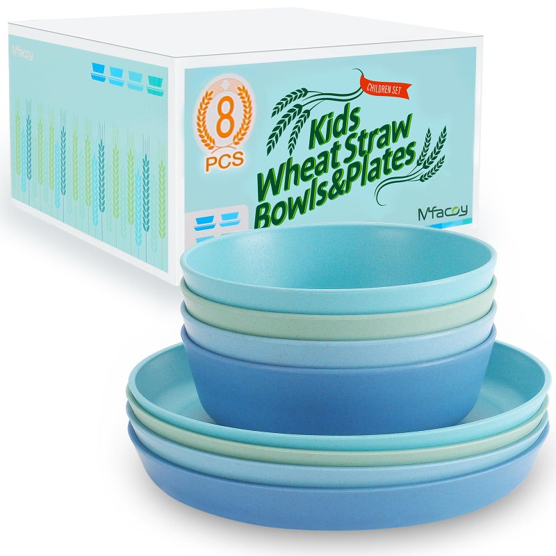 Mfacoy Wheat Straw Kids Plates and Bowls Set Unbreakable Kids Dinnerware Set  4 Pcs 775 Dinner Plates  4 Pcs 18 oz Cereal Bowls BPA Free Microwave  Dishwasher Safe Reusable Childrens Dishes