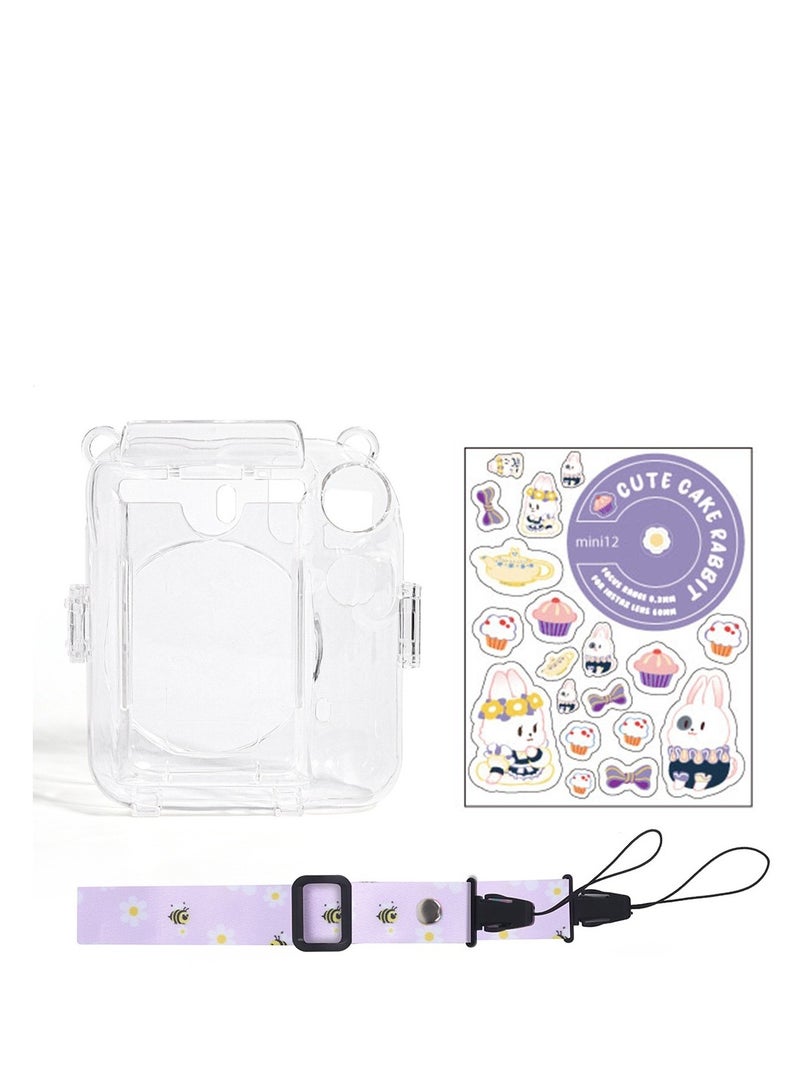 3 Pack Clear Camera Case Compatible with Fujifilm Instax Mini 12 Instant Camera, Mini 12 Hard Case with Photo Pocket Holds on Back and Adjustable Shoulder Strap & Cute Camera Sticker  - Image 1