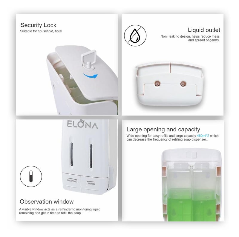 ELONA Dual Liquid Soap Dispenser 480ml WallMounted Dispenser LeakFree HeavyDuty Design for Bathroom Kitchen Ideal for Liquid Soap Sanitizers Modern Look - Image 5