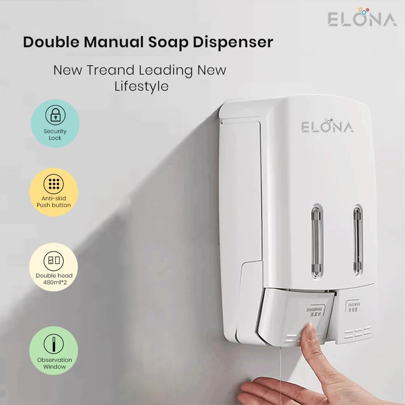 ELONA Dual Liquid Soap Dispenser 480ml WallMounted Dispenser LeakFree HeavyDuty Design for Bathroom Kitchen Ideal for Liquid Soap Sanitizers Modern Look - Image 2